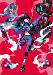Rule 34 | 3girls, animification, apex legends, aqua jacket, ash (titanfall 2), black hair, black jacket, blue footwear, blue jacket, blue pants, blurry, blurry foreground, boots, brown eyes, clothing cutout, colored tips, cropped jacket, dark-skinned female, dark skin, fluorescent tech valkyrie, fur-trimmed jacket, fur trim, grey footwear, grey hair, grey pants, high heel boots, high heels, highres, holding, holding sword, holding weapon, humanoid robot, jacket, jetpack, loba (apex legends), lunar wolf loba, midriff, missile, multicolored hair, multiple girls, navel, ocha2 22, official alternate costume, open mouth, pants, parted lips, ponytail, project 19 ash, purple eyes, purple hair, robot, shoulder cutout, simulacrum (titanfall), smile, streetwear, sweatpants, sword, v-shaped eyebrows, valkyrie (apex legends), weapon, wolf mask