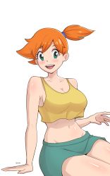 Rule 34 | 1girl, armpits, asymmetrical hair, blush, breasts, creatures (company), denim, denim shorts, game freak, gatuno, gen 1 pokemon, green eyes, highres, large breasts, legs, lips, midriff, misty (pokemon), navel, nintendo, no bra, orange hair, pokemon, pokemon (anime), pokemon (classic anime), ponytail, shirt, short hair, short shorts, shorts, side ponytail, smile, solo, tank top, thighs, yellow shirt