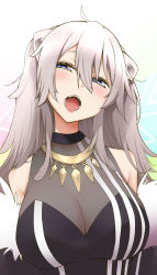 Rule 34 | 1girl, animal ears, bare shoulders, blue eyes, blush, breasts, cleavage, grey hair, hair between eyes, half-closed eyes, hayashi (l8poushou), head tilt, highres, hololive, huge breasts, jewelry, lion ears, looking at viewer, necklace, open mouth, see-through, see-through cleavage, shishiro botan, shishiro botan (1st costume), solo, upper body, virtual youtuber