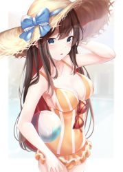 Rule 34 | 1girl, aqua eyes, bad id, bad twitter id, ball, beachball, blurry, blurry background, breasts, brown hair, cleavage, collarbone, cowboy shot, g home, hand in own hair, hat, hat ribbon, highres, letterboxed, long hair, medium breasts, one-piece swimsuit, open mouth, orange one-piece swimsuit, original, pool, ribbon, sidelocks, solo, standing, straw hat, striped clothes, striped one-piece swimsuit, sun hat, sunglasses, swimsuit, swimsuit skirt, unworn eyewear, vertical stripes