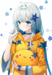 Rule 34 | 1girl, 2gong (9ujin ), animal, bird, blue choker, blue eyes, blue flower, blue nails, choker, closed mouth, coat, crying, crying with eyes open, flower, hair between eyes, hair flower, hair ornament, highres, holding, holding animal, holding bird, holding hair, hood, hood down, hooded coat, long hair, nail polish, original, silver hair, solo, tears, upper body, white background, yellow coat