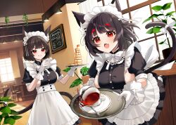 Rule 34 | 2girls, absurdres, alternate costume, animal ears, apron, azur lane, black dress, black hair, bow, breasts, cat ears, cat girl, cat tail, collared dress, commentary request, dress, enmaided, fang, food, frilled apron, frilled gloves, frills, gloves, highres, holding, holding plate, indoors, large breasts, maid, menu board, multiple girls, open mouth, pancake, pancake stack, plant, plate, potted plant, puffy short sleeves, puffy sleeves, red eyes, short hair, short sleeves, sideboob, sideboob cutout, skin fang, spilling, syrup, tail, tail bow, tail ornament, white apron, white bow, white gloves, yamaha tsui, yamashiro (azur lane), yamashiro (meta) (azur lane)