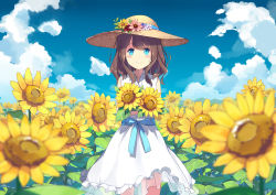 Rule 34 | 1girl, bare shoulders, blue eyes, blue sky, blurry, blush, brown hair, cloud, day, depth of field, dress, field, flower, flower field, has bad revision, has downscaled revision, hat, hat flower, long hair, looking at viewer, md5 mismatch, original, outdoors, resolution mismatch, sky, smile, solo, source smaller, standing, sun hat, sundress, sunflower, sunflower field, sutorora, white dress
