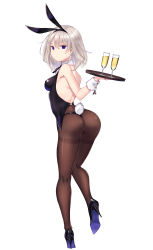 Rule 34 | 1girl, absurdres, alcohol, animal ears, ass, bare shoulders, black footwear, black panties, black ribbon, breasts, brown pantyhose, champagne, champagne flute, closed mouth, commentary request, covered erect nipples, cup, detached collar, drink, drinking glass, fake animal ears, from behind, full body, glass, hair between eyes, high heels, highres, holding, holding tray, itsumi mita, kneepits, leotard, looking at viewer, looking back, medium breasts, neck ribbon, original, panties, panties over pantyhose, pantyhose, playboy bunny, pumps, rabbit ears, rabbit tail, ribbon, shoes, simple background, skin tight, solo, standing, standing on one leg, stiletto heels, tail, thighband pantyhose, thong, tray, underwear, white background, wrist cuffs