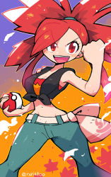 Rule 34 | 1girl, :d, absurdres, breasts, creatures (company), crop top, denim, flannery (pokemon), game freak, hair tie, highres, holding, holding poke ball, jeans, looking at viewer, nintendo, open mouth, pants, poke ball, poke ball (basic), pokemon, pokemon oras, ponytail, rariatto (ganguri), red eyes, red hair, smile, solo, standing, teeth, twitter username, upper teeth only