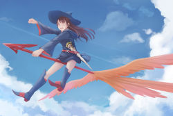 Rule 34 | 10s, 1girl, :d, arrow (projectile), belt, blue footwear, blue hat, blue robe, blue sky, blush, boots, brown eyes, brown hair, clenched hand, cloud, commentary, day, full body, hat, kagari atsuko, knee boots, little witch academia, long hair, looking afar, looking away, open mouth, outstretched arm, red belt, redpoke, riding, robe, sitting, sky, smile, solo, wand, wide sleeves, witch, witch hat