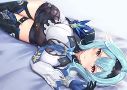 Rule 34 | 1girl, 3:, bed sheet, belt, black leotard, black thighhighs, blue hair, blush, brown eyes, cape, commentary, english commentary, eula (genshin impact), genshin impact, hair between eyes, hair ornament, hairband, kauru00, leotard, leotard under clothes, long hair, looking at viewer, looking up, lying, necktie, on side, sidelocks, solo, thighhighs, vision (genshin impact), zettai ryouiki