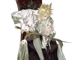 Rule 34 | 2boys, alternate costume, black vest, blonde hair, blue eyes, brown shorts, buttons, chair, closed eyes, cloud strife, collared shirt, final fantasy, final fantasy vii, frilled shirt, frilled shirt collar, frills, hand on another&#039;s chin, highres, holding, holding another&#039;s head, holding sword, holding weapon, imminent injury, implied yaoi, leg on another&#039;s shoulder, leggings, long hair, long sleeves, looking down, looking up, male focus, multiple boys, on chair, parted lips, puffy long sleeves, puffy sleeves, sephiroth, shirt, short hair, shorts, simple background, sitting, spiked hair, sword, sword to throat, vest, victorian, weapon, white background, white hair, white leggings, white shirt, xscr1205