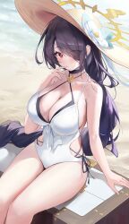 Rule 34 | 1girl, absurdres, beach, black choker, black hair, blue archive, blush, braid, braided ponytail, breasts, choker, cleavage, closed mouth, collarbone, day, hair over one eye, halo, hand to own mouth, hand up, hat, highres, hinata (blue archive), hinata (swimsuit) (blue archive), large breasts, long hair, official alternate costume, one-piece swimsuit, outdoors, pdxen, red eyes, sitting, solo, sun hat, swimsuit, thighs, very long hair, white one-piece swimsuit