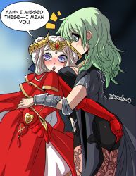 Rule 34 | 2girls, artist name, ass, ass grab, between breasts, blush, breast envy, breasts, byleth (female) (fire emblem), byleth (fire emblem), edelgard von hresvelg, english text, female focus, fire emblem, fire emblem: three houses, green eyes, green hair, head between breasts, highres, holding, hug, kinkymation, large breasts, matching hair/eyes, multiple girls, nintendo, pantyhose, short hair, shorts, standing, white hair, yuri
