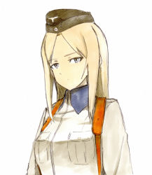 Rule 34 | 1girl, adelheid, blonde hair, expressionless, garrison cap, grey eyes, hat, long hair, long sleeves, looking at viewer, military, military uniform, parted bangs, pocket, shiratama (hockey), sidelocks, simple background, solo, strap, strike witches: suomus misfits squadron, uniform, upper body, white background, world witches series