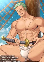 Rule 34 | 1boy, abs, anus, bara, bulge, facial hair, feet out of frame, fundoshi, gluteal fold, green hair, gumroad username, holding, holding sword, holding weapon, japanese clothes, katana, kienbiu, large pectorals, male focus, male underwear, muscular, nipples, one eye closed, one piece, paid reward available, patreon username, pectorals, roronoa zoro, scar, scar across eye, scar on face, sheath, short hair, sideburns, solo, spread legs, stitches, sword, thick thighs, thighs, twitter username, underwear, underwear only, unsheathing, weapon, white male underwear