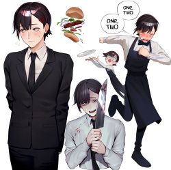 Rule 34 | 1boy, absurdres, apron, black apron, black bow, black bowtie, black eyes, black hair, black pants, black suit, blood, blood on clothes, bloody knife, blush, bow, bowtie, burger, chainsaw man, closed eyes, collared shirt, commentary, crying, dancing, english commentary, english text, food, formal, genderswap, genderswap (ftm), higashiyama kobeni, highres, holding, holding knife, knife, lavelis, long sleeves, looking at viewer, multiple views, open mouth, pants, shirt, simple background, speech bubble, standing, standing on one leg, suit, white background, white shirt