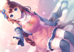 Rule 34 | 1girl, apron, bed, blue eyes, blue skirt, blue thighhighs, blush, bow, braid, breasts, brown hair, detached sleeves, dutch angle, hair bow, large breasts, lips, long hair, looking at viewer, miniskirt, outstretched arm, reaching, reaching towards viewer, shizuki aya, sitting, skirt, smile, solo, super creek (umamusume), sweater, thighhighs, thighs, umamusume, very long hair, white sweater
