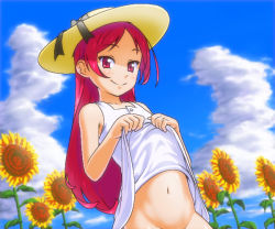 Rule 34 | 1girl, bad id, bad pixiv id, bare shoulders, blush, censored, clothes lift, cloud, convenient censoring, day, dress, dress lift, female focus, flower, hat, long hair, looking at viewer, navel, no panties, original, out-of-frame censoring, red eyes, red hair, skirt hold, sky, smile, solo, sundress, sunflower, white dress, yuuya (yu-ya&#039;s)