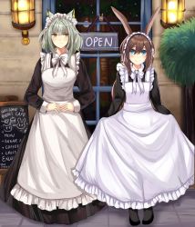 Rule 34 | 2girls, alternate costume, amiya (arknights), animal ears, apron, arknights, black dress, blue eyes, blue sealad, blush, bow, bowtie, brown hair, commentary, dress, enmaided, frilled apron, frills, green eyes, green hair, hair between eyes, highres, kal&#039;tsit (arknights), long hair, long sleeves, looking at viewer, maid, maid apron, maid headdress, multiple girls, rabbit ears, short hair, skirt hold, smile, standing, white apron, white bow, white neckwear