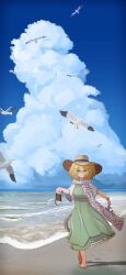 Rule 34 | 1girl, absurdres, alternate costume, animal, barefoot, beach, big hair, bird, blonde hair, blue sky, cloud, commentary request, day, dress, full body, green dress, hair between eyes, hat, highres, holding, holding clothes, holding footwear, horizon, jewelry, kemono friends, lion (kemono friends), lion tail, looking at another, ocean, ookii yama, outdoors, parted lips, sand, scarf, seagull, sky, smile, solo, sun hat, tail, toes, walking, water, yellow eyes
