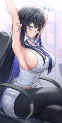 Rule 34 | 1girl, armpits, arms up, black hair, black pantyhose, blue archive, blue eyes, blue hair, blue necktie, blush, breasts, colored inner hair, crossed legs, dress, feet out of frame, from side, giga-tera, glasses, glint, halo, highres, large breasts, looking at viewer, multicolored hair, necktie, pantyhose, pointy ears, rimless eyewear, rin (blue archive), sideboob, sitting, sleeveless, sleeveless dress, solo, two-tone hair, white dress