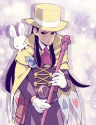 Rule 34 | 1boy, ace attorney, apollo justice: ace attorney, ascot, belt, belt pouch, blush, brooch, brown belt, cane, cape, closed mouth, gloves, hat, holding, holding cane, jacket, jewelry, long hair, long sleeves, looking at viewer, magician, male focus, minashirazu, pouch, rabbit, red ascot, solo, sweatdrop, top hat, white gloves, white rabbit (animal), yellow cape, yellow hat, zak gramarye