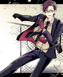 Rule 34 | 1boy, arm out of sleeve, belt, black-framed eyewear, black belt, black jacket, black necktie, black pants, blood, blood on clothes, brown hair, buttons, chain-link fence, collared shirt, fence, glass shards, glasses, gloves, green eyes, highres, hypnosis mic, iruma jyuto, jacket, long sleeves, male focus, mitsu3 haya, necktie, open clothes, open jacket, open mouth, pants, red gloves, semi-rimless eyewear, shirt, short hair, teeth, upper teeth only, walkie-talkie, white shirt