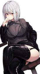 Rule 34 | 1girl, black bra, black jacket, black skirt, blush, bra, bra visible through clothes, breasts, closed mouth, crossed legs, ddangbi, earrings, elbow rest, garter straps, hand in pocket, head rest, highres, hoop earrings, jacket, jewelry, large breasts, latex, leather, looking at viewer, o-ring, o-ring legwear, o-ring top, off shoulder, original, red eyes, see-through, see-through shirt, short hair, simple background, sitting, skirt, solo, stool, thighhighs, thighs, underwear, white background, white hair