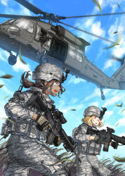 Rule 34 | 101 airborne, 2girls, 82 airborne, aircraft, assault rifle, blonde hair, body armor, brown hair, camouflage, cloud, commentary, day, digital camouflage, fisheye, foregrip, general-purpose machine gun, glasses, gloves, grass, green eyes, gun, helicopter, helmet, kws, leaf, load bearing vest, long hair, looking at another, looking to the side, m240, m4 carbine, machine gun, medium hair, medium machine gun, military, military uniform, multiple girls, open mouth, original, ponytail, red eyes, rifle, running, safety glasses, sky, soldier, trigger discipline, uh-60 blackhawk, uniform, united states army, walkie-talkie, weapon, wind