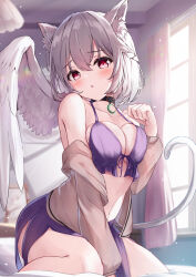 Rule 34 | 1girl, animal ears, blush, breasts, brown jacket, cat ears, cat tail, cleavage, collarbone, feathered wings, grey hair, hair between eyes, highres, jacket, kishin sagume, large breasts, long sleeves, navel, niko kusa, open clothes, open jacket, parted lips, red eyes, short hair, single wing, solo, tail, touhou, white wings, wings