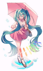 Rule 34 | 1girl, absurdres, amagi hana, bag, black footwear, blue sky, blush, closed eyes, cloud, commentary request, frilled skirt, frills, green hair, handbag, hatsune miku, high heels, highres, holding, holding umbrella, long hair, looking to the side, melt (vocaloid), open mouth, pink skirt, puddle, rainbow, shirt, short sleeves, simple background, skirt, sky, smile, socks, solo, twintails, umbrella, very long hair, vocaloid, white background, white shirt, white socks
