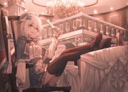 Rule 34 | 1girl, absurdres, blue capelet, blue eyes, blue skirt, brown thighhighs, cake, capelet, center frills, chandelier, cup, domi (hongsung0819), drinking glass, feet on table, food, frilled capelet, frilled skirt, frills, gosegu, hair between eyes, hair ornament, hat, highres, holding, holding cup, indoors, layer cake, light particles, long sleeves, on chair, parted lips, pleated skirt, puffy long sleeves, puffy sleeves, shirt, shoes, short hair, skirt, solo, thighhighs, virtual youtuber, waktaverse, white hair, white shirt, x hair ornament