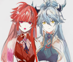 Rule 34 | 2boys, androgynous, blue hair, denif (elsword), dragon boy, dragon horns, elsword, highres, horns, kurayuki0404, long hair, looking at viewer, male focus, multiple boys, open mouth, parted lips, pointy ears, ponytail, red eyes, red hair, rosso (elsword), sketch, teeth, trap, very long hair, white background, yellow eyes