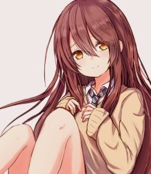 Rule 34 | 1girl, baram, black necktie, blush, brown eyes, brown hair, brown sweater, closed mouth, collared shirt, commentary request, diagonal-striped clothes, diagonal-striped necktie, diagonal-striped neckwear, grey background, idolmaster, idolmaster shiny colors, knees up, long hair, long sleeves, looking at viewer, necktie, osaki tenka, shirt, simple background, sitting, sleeves past wrists, smile, solo, striped clothes, striped necktie, striped neckwear, sweater, very long hair, white shirt