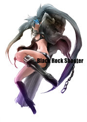 Rule 34 | 10s, 1girl, arm cannon, bad id, bad pixiv id, belt, bikini, bikini top only, black bikini, black hair, black rock shooter, black rock shooter (character), blue eyes, boots, chain, coat, female focus, flat chest, front-tie top, full body, gloves, glowing, glowing eyes, gun, highres, hood, jacket, knee boots, long hair, midriff, navel, ron (metropolis), scar, short shorts, shorts, simple background, solo, star (symbol), swimsuit, twintails, uneven twintails, very long hair, weapon, white background, zipper