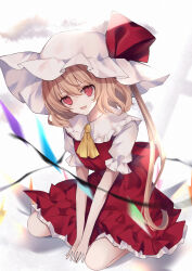 Rule 34 | 1girl, ascot, blonde hair, commentary, dress, flandre scarlet, hat, highres, kurumi mashiro, long hair, looking at viewer, mob cap, no pupils, open mouth, puffy short sleeves, puffy sleeves, red dress, red eyes, short sleeves, side ponytail, sitting, solo, touhou, wariza, white hat, wings, yellow ascot