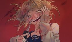 Rule 34 | 10s, 1girl, blonde hair, blood, blood on clothes, blood on hands, bloody knife, bloody weapon, blunt bangs, boku no hero academia, cardigan, double bun, fangs, film grain, hair bun, highres, knife, messy hair, open mouth, red background, school uniform, serafuku, slit pupils, solo, toga himiko, weapon, yellow eyes