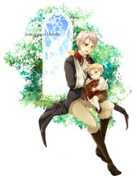 Rule 34 | 2boys, arm sling, axis powers hetalia, bad id, bad pixiv id, bird, blonde hair, book, boots, chick, copyright name, germany (hetalia), green eyes, male focus, multiple boys, nature, open mouth, plant, prussia (hetalia), red eyes, short hair, sitting, tobi (one), white background, aged down