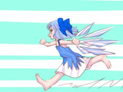 Rule 34 | 1girl, adapted costume, bow, cirno, dress, female focus, from side, full body, pinafore dress, same no hito, simple background, sleeveless, sleeveless dress, solo, touhou