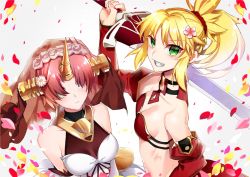 Rule 34 | 2girls, blonde hair, clarent (fate), cleavage, dress, fate/apocrypha, fate (series), frankenstein&#039;s monster (fate), green eyes, hair ornament, hair over eyes, hair scrunchie, holding, holding sword, holding weapon, horns, mechanical horns, mordred (fate), mordred (fate/apocrypha), multiple girls, pink hair, ponytail, red scrunchie, scrunchie, see-through, see-through cleavage, short hair, single horn, smile, sword, weapon, ycco (estrella), yellow eyes