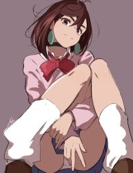 1girl anho ass ayase_momo black_choker breasts brown_eyes brown_hair choker dandadan feet_out_of_frame hair_between_eyes looking_at_viewer medium_breasts panties pantyshot pleated_skirt school_uniform signature simple_background skirt solo swept_bangs underwear v