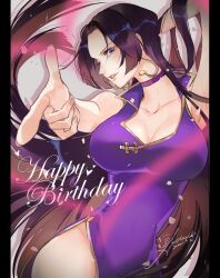 Rule 34 | 1girl, black hair, blue eyes, boa hancock, breasts, choker, cleavage, collarbone, commentary, cowboy shot, dated, dress, earrings, emase (foxmoon), floating hair, happy birthday, highres, jewelry, light smile, long hair, one piece, pointing, pointing at viewer, side slit, signature, sleeveless, sleeveless dress, snake earrings, solo, symbol-only commentary, very long hair