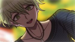 Rule 34 | 1boy, :d, amami rantaro, blurry, blurry background, collarbone, danganronpa (series), danganronpa v3: killing harmony, dutch angle, ear piercing, earrings, green eyes, green hair, hair between eyes, jewelry, male focus, multicolored background, necklace, open mouth, piercing, portrait, shirt, short hair, smile, solo, striped clothes, striped shirt, suiren yurei, teeth, upper teeth only