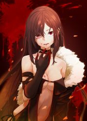 Rule 34 | 1girl, bare shoulders, black dress, blood, blood from mouth, blood on hands, bloody tears, breasts, brown hair, center opening, choker, collarbone, dress, earrings, fangs, fate/grand order, fate (series), fur-trimmed jacket, fur trim, highres, jacket, jewelry, long hair, looking at viewer, medium breasts, multiple earrings, navel, off shoulder, red eyes, revealing clothes, sidelocks, solo, strapless, strapless dress, tearing up, very long hair, yayilu, yu mei-ren (fate)