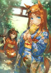 Rule 34 | &gt;o&lt;, 2girls, absurdres, alternate costume, animal ears, blue eyes, blue kimono, blurry, blurry background, blush, bow, brown hair, commentary request, cowboy shot, dappled sunlight, depth of field, ear ornament, ears down, el condor pasa (umamusume), facepaint, floral print, flying teardrops, grass wonder (umamusume), hagoita, hair bow, hand on own cheek, hand on own face, hands up, hane (hanetsuki), hanetsuki, highres, holding, holding paddle, horse ears, horse girl, japanese clothes, kimono, leaf print, long hair, looking at viewer, multicolored hair, multiple girls, obi, outdoors, paddle, ponytail, red kimono, sash, seiza, sitting, smile, standing, stone walkway, straight hair, sunlight, torii, umamusume, wari sando, wide sleeves, yukata