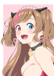 Rule 34 | 1girl, :d, bare shoulders, bell, black choker, black ribbon, blue eyes, blue pupils, blush, border, breasts, brown hair, choker, cleavage, commentary, cross hair ornament, earrings, from side, girls&#039; frontline, hair ornament, hair ribbon, heart, heart earrings, heterochromia, highres, jewelry, jingle bell, kamaboko uehaasu, leaning forward, long hair, looking at viewer, looking to the side, low neckline, mk23 (girls&#039; frontline), multicolored hair, neck bell, no nose, open mouth, outside border, pink background, pink hair, portrait, red eyes, red pupils, ribbon, sideways glance, simple background, smile, solo, streaked hair, teeth, two side up, upper body, upper teeth only, white border