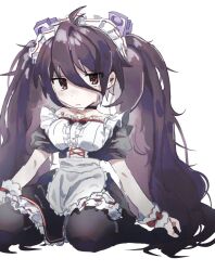Rule 34 | 1girl, antenna hair, apron, battle girl high school, black choker, black dress, black pantyhose, bow, breasts, center frills, choker, closed mouth, clothes pin, dress, enorari, frilled dress, frills, frown, hair between eyes, highres, long hair, looking at viewer, maid, maid apron, maid headdress, medium breasts, messy hair, pantyhose, pink eyes, puffy short sleeves, puffy sleeves, purple hair, red bow, short dress, short sleeves, simple background, sitting, solo, tsubuzaki anko, twintails, very long hair, waist apron, wariza, white apron, white background