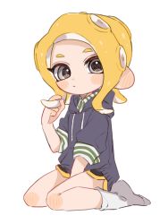 Rule 34 | 1girl, black shorts, blonde hair, closed mouth, collared shirt, dolphin shorts, full body, green shirt, grey eyes, grey shirt, gym shorts, hand in own hair, hood, hood down, hoodie, light frown, long sleeves, looking at viewer, maco spl, makeup, medium hair, nintendo, octoling, octoling girl, octoling player character, pointy ears, shirt, short shorts, shorts, simple background, sitting, socks, solo, striped clothes, striped shirt, suction cups, tentacle hair, wariza, white background, white socks