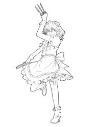 Rule 34 | 1girl, apron, back bow, between fingers, bobby socks, bow, bowtie, closed mouth, frilled apron, frilled skirt, frilled socks, frills, full body, greyscale, hair between eyes, high heels, holding, holding knife, izayoi sakuya, knife, knives between fingers, looking at viewer, maid, maid headdress, mary janes, medium hair, monochrome, puffy short sleeves, puffy sleeves, shirt, shoes, short sleeves, simple background, skirt, socks, solo, standing, standing on one leg, thigh strap, touhou, vest, waist apron, white background, xueying hong