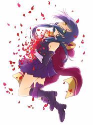 Rule 34 | 10s, 1girl, blue hair, boots, commentary request, elbow gloves, eyes visible through hair, fingerless gloves, gloves, hanzoumon yuki, highres, long hair, looking at viewer, miniskirt, namori, official art, petals, pleated skirt, release the spyce, scar, skirt, sleeveless, solo, white background, yellow eyes