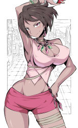 Rule 34 | &gt;:), 1girl, arm up, armpits, bare shoulders, blush, bracelet, breasts, brown hair, choker, cleavage, closed mouth, cowboy shot, creatures (company), crop top, dark-skinned female, dark skin, earrings, female focus, game freak, hand on own hip, highres, jewelry, large breasts, looking at viewer, midriff, navel, necklace, nintendo, olivia (pokemon), outdoors, pokemon, pokemon sm, red eyes, shimure (460), short hair, short sleeves, smile, smirk, solo, thighs, white background