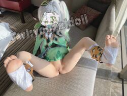 Rule 34 | 1girl, asian, cosplay, green hair, hidden face, legs apart, legs up, nahida (genshin impact), pussy, real life, twitter username, watermark, white hair, youzaidoll