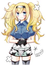 Rule 34 | 1girl, bandages, belt, black thighhighs, blonde hair, blue eyes, blue shirt, blush, breast pocket, breasts, closed mouth, collared shirt, gambier bay (kancolle), gloves, hair between eyes, hairband, highres, inscco, kantai collection, large breasts, long hair, pocket, shirt, short sleeves, shorts, simple background, solo, thighhighs, twintails, white background